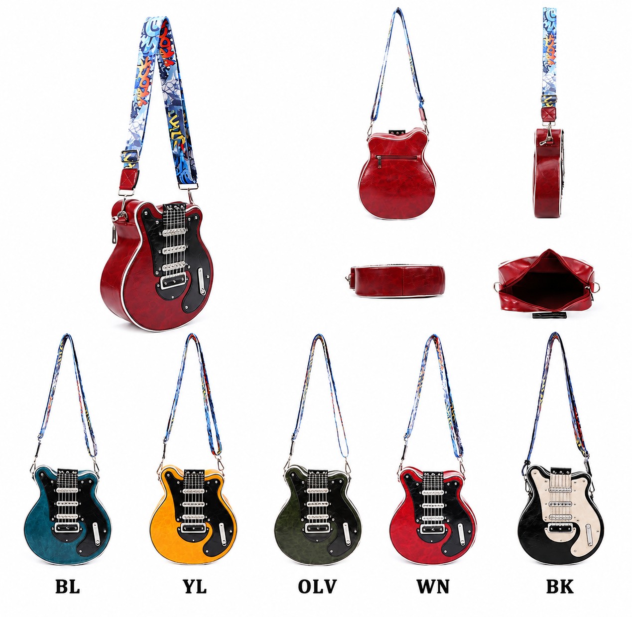 The Soul Strings Bag shown in blue, yellow, olive, wine and black colorways with interior and side views