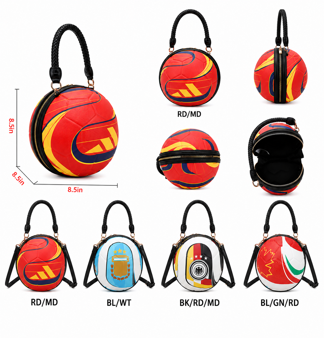 The Inspiring Ball Bag shown from multiple angles at 8.5 x 8.5 x 8.5 inches and in RD/MD, BL/WT, BK/RD/MD and BL/GN/RD colorways