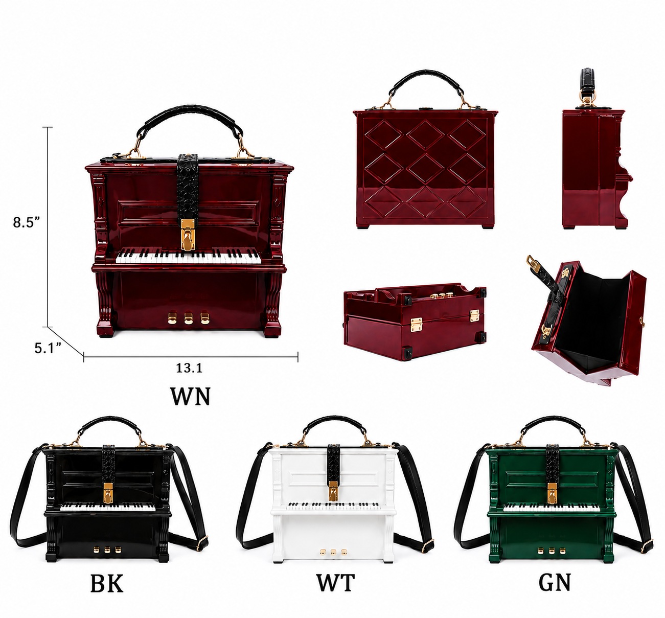 The Piano Bag shown from multiple angles and in WN, BK, WT and GN colorways with dimensions 13.1 x 8.5 x 5.1 inches
