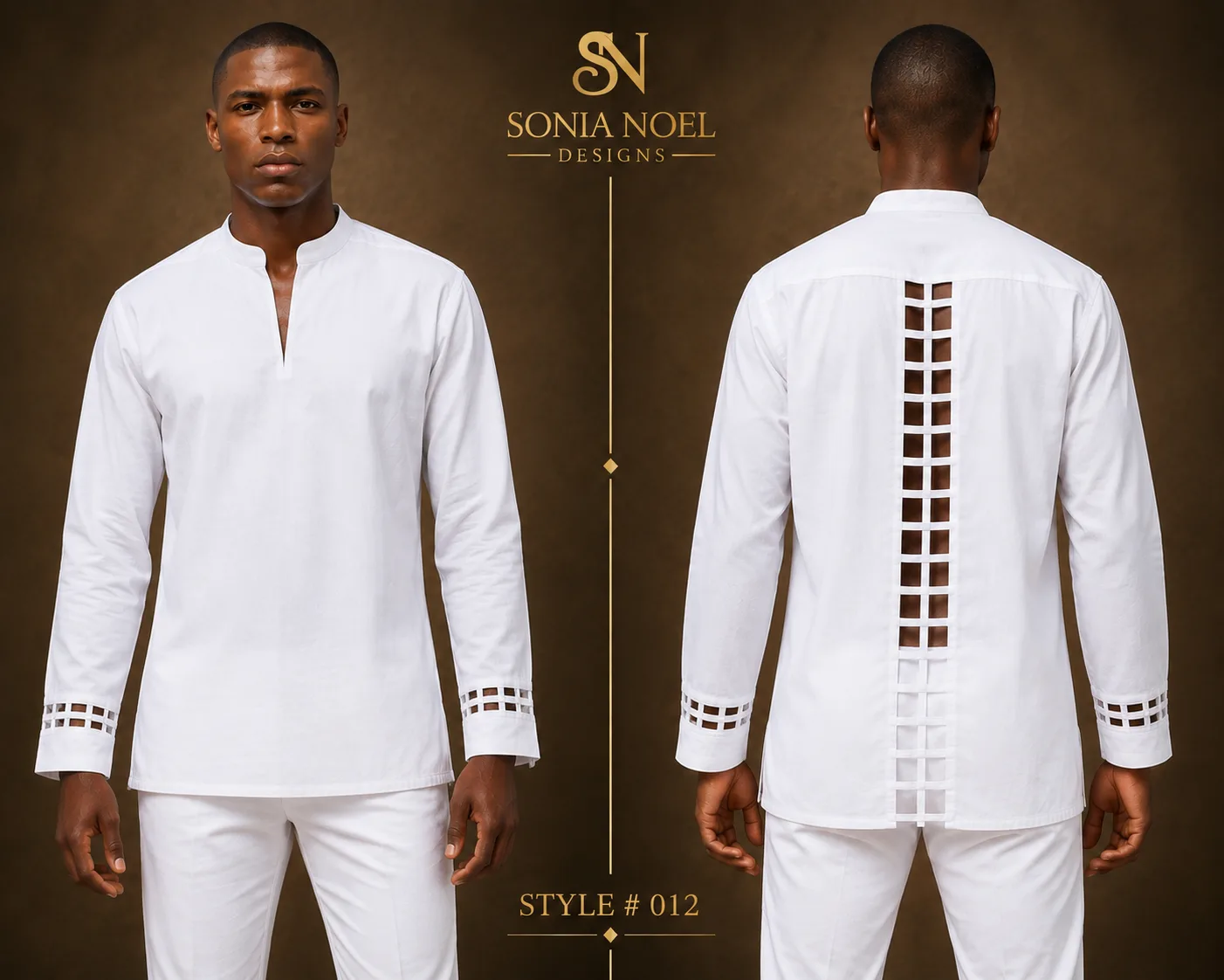 Front and back views of a white long-sleeve Nehru-collar shirt with lattice detailing on the spine and cuffs