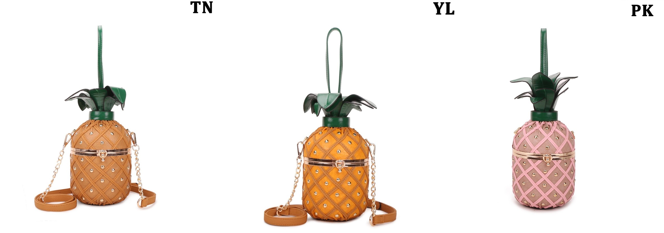 The Tropical Crown pineapple bag shown in TN tan, YL yellow and PK pink colorways